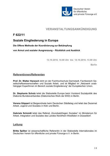 VERANSTALTUNGSANKÜNDIGUNG F 622/11 Soziale ... - VSOP