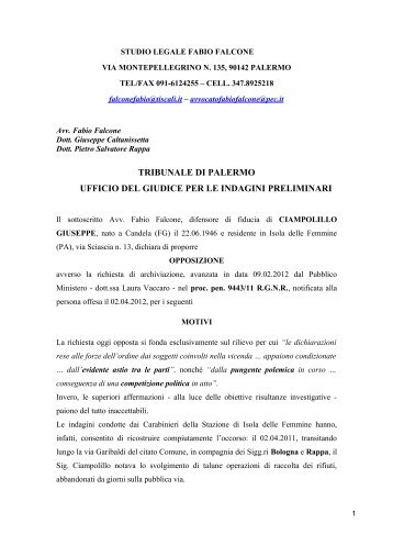 OPPOSIZIONE Ciampolillo A RICHIESTA DI ARCHIVIAZIONE ...