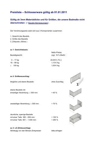 Preisliste – Schlosserware gültig ab 01.01.2011