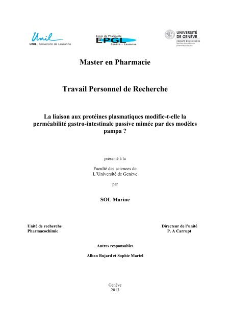 Master en Pharmacie Travail Personnel de Recherche