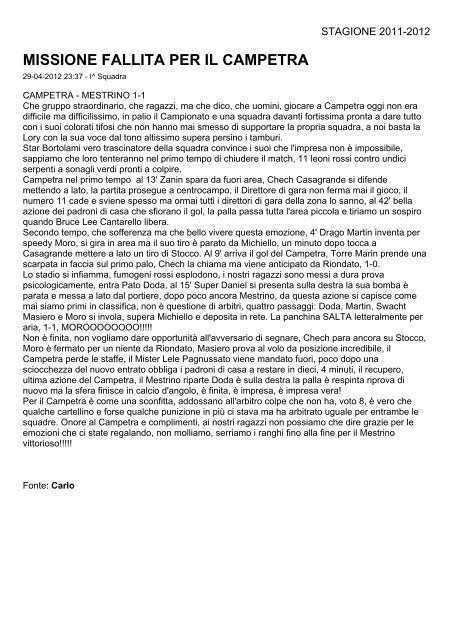 archivio news 01-05-2011 / 30-04-2012 - ASD Calcio Mestrino