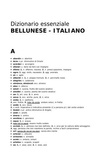 Dizionario essenziale BELLUNESE - ITALIANO A - Lingua Veneta