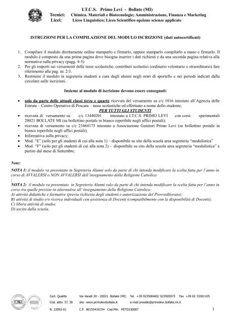 Modulo iscrizione anno scolastico 2013/2014 ... - ITCS Primo Levi