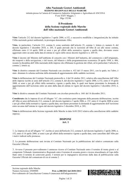 Provvedimento Sezione regionale delle Marche prot n.288 del 20/01 ...
