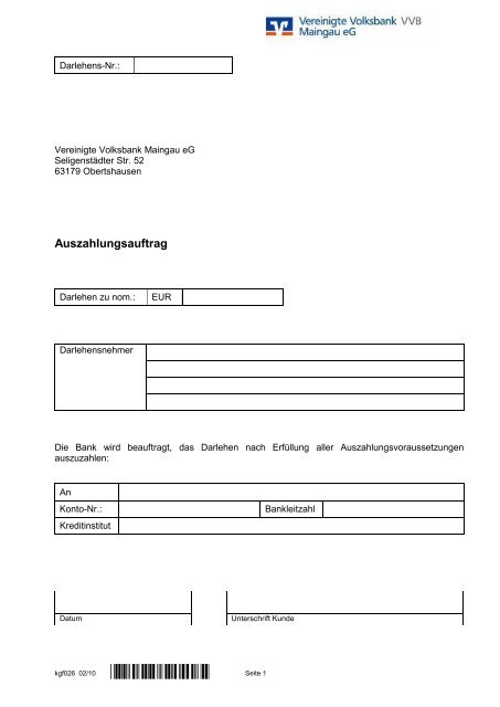 Auszahlungsauftrag im Darlehensbereich (pdf-Datei 91 KB)