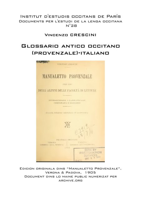 Glossario antico occitano (provenzale)-italiano - IEO París - Free