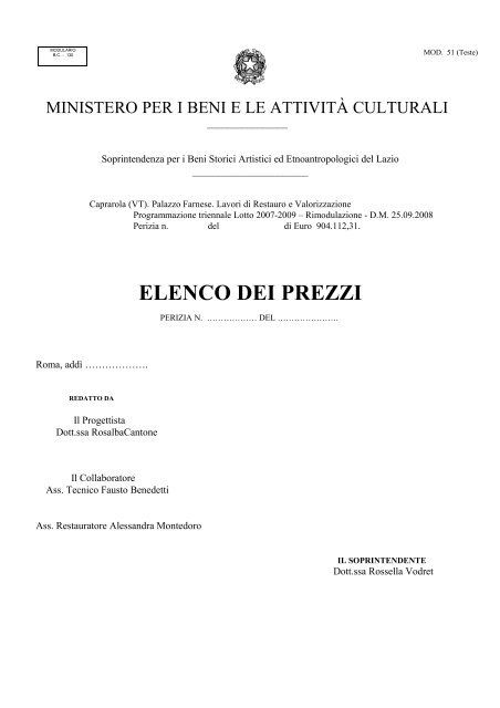 ELENCO DEI PREZZI - Ministero per i Beni e le Attività Culturali