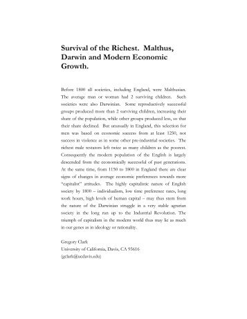 Survival of the Richest: Malthus, Darwin and Modern Economic Growth
