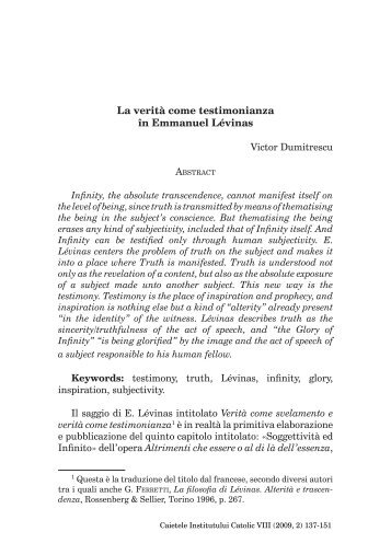 La verità come testimonianza în Emmanuel Lévinas - Caietele ...