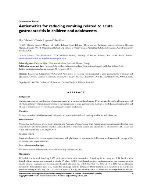 Antiemetics for reducing vomiting related to acute ... - Update Software