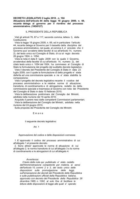 DECRETO LEGISLATIVO 2 luglio 2010 , n. 104 ... - Edk Editore Srl