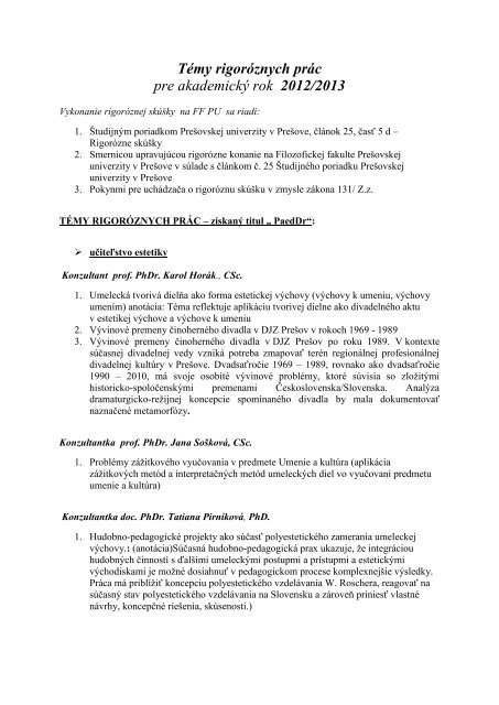Témy rigoróznych prác pre akademický rok 2012/2013