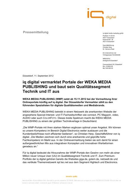 iq digital vermarktet Portale der WEKA MEDIA ... - IQ media marketing