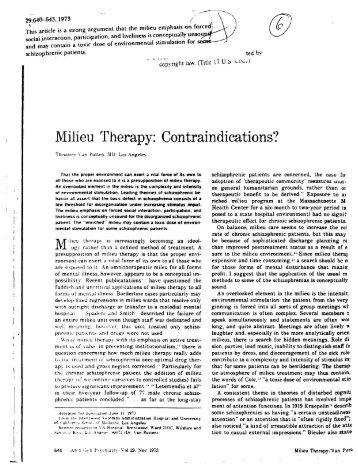VanPuten, T, Milieu Therapy: Contraindications? - Joseph M Matta ...