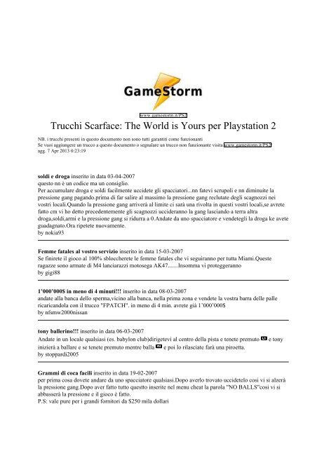 Trucchi Scarface: The World is Yours per Playstation 2 - Gamestorm