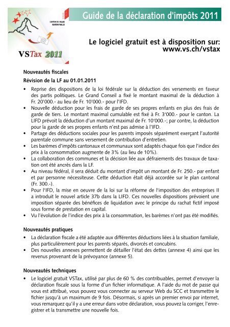 Guide de la déclaration d'impôts 2011 - Etat du Valais