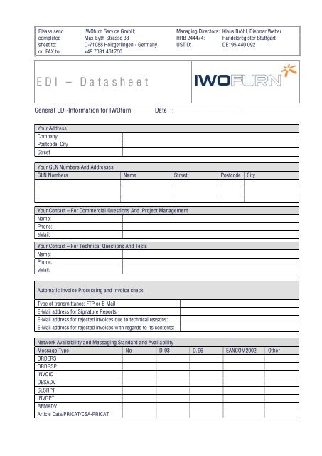 EDI Data sheet - IWOfurn