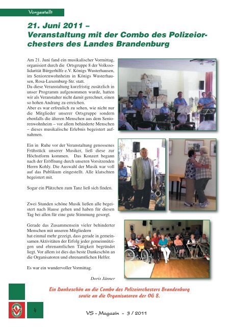 VS Magazin Ausgabe 3 2011 - VS Bürgerhilfe