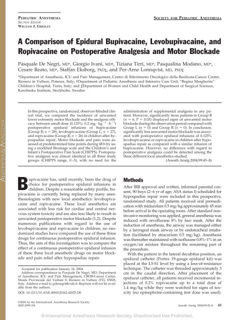 A Comparison of Epidural Bupivacaine, Levobupivacaine, and ...