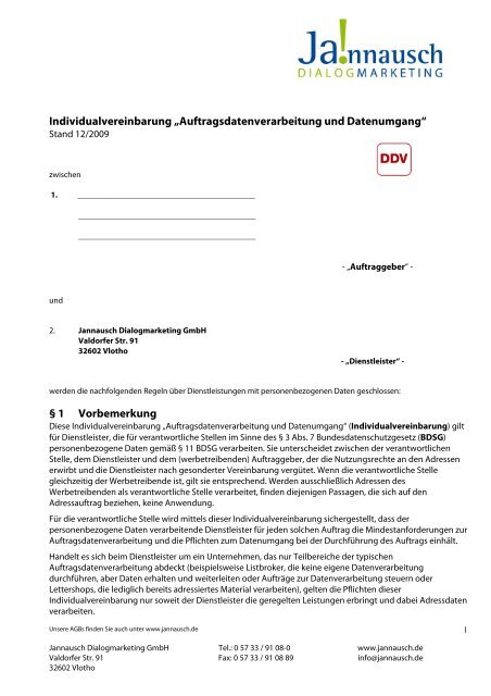 Individualvereinbarung Auftragsdatenverarbeitung gemäß DDV und ...