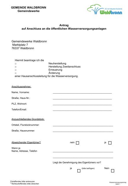 Wasserversorgungsantrag (Formular) - Gemeinde Waldbronn