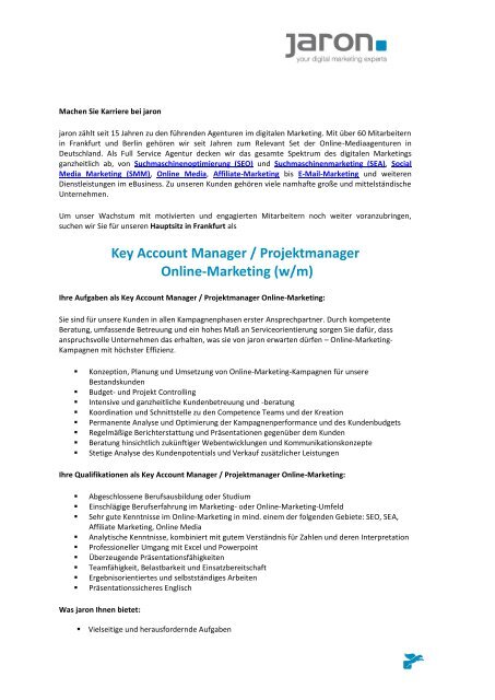 Key Account Manager / Projektmanager Online-Marketing - Jaron