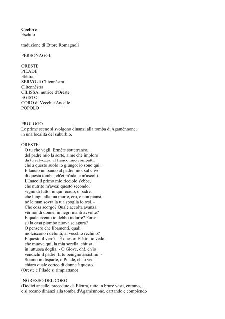 Coefore Eschilo traduzione di Ettore Romagnoli PERSONAGGI ...