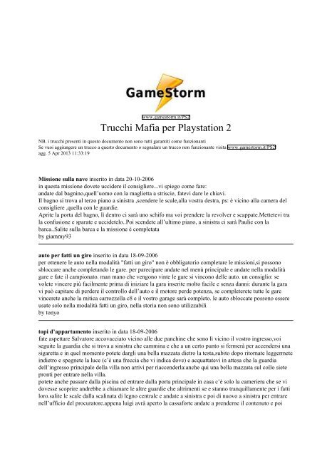 Trucchi Mafia per Playstation 2 - Gamestorm