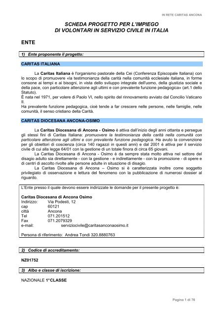 scheda progetto per l'impiego di volontari in ... - Caritas Marche