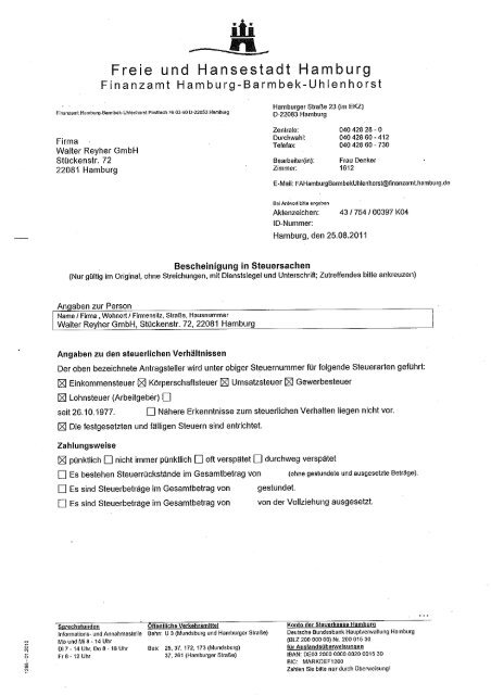 Finanzamt Bescheinigung Handynutzung Für Die Arbeit Bescheinigung in Steuersachen der FHH Finanzamt Hamburg