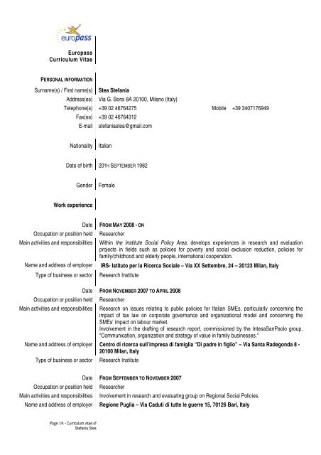 Europass Curriculum Vitae Surname S First Name S Stea Stefania