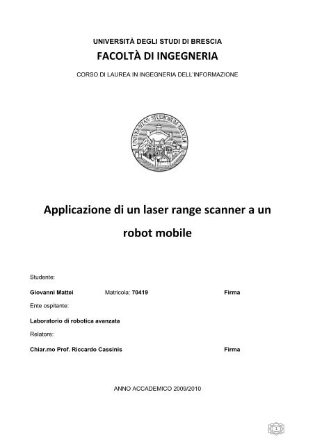 "Applicazione di un laser range scanner a un robot mobile", 2010