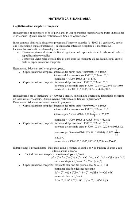 Matematica finanziaria: capitalizzazione semplice e  - Itcgruffini.Eu
