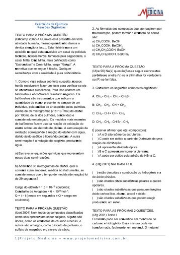 Exercícios de Química Reações Orgânicas - Projeto Medicina