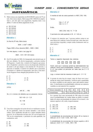 VUNESP 2005 – CONHECIMENTOS GERAIS MATEMÁTICA