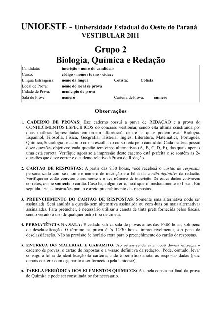 Grupo 2 Biologia, Química e Redação - Unioeste