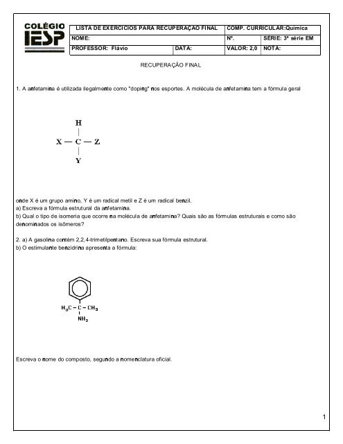 lista de exercicios para recuperação final comp. curricular