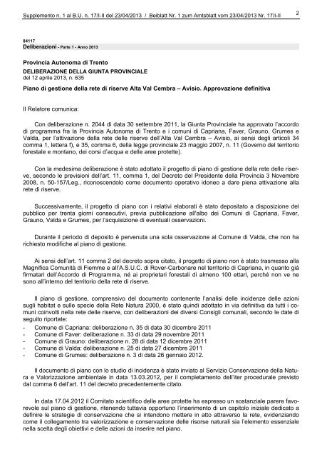 [84117] Supplemento n. 1 al Bollettino n. 17 del 23/04/2013