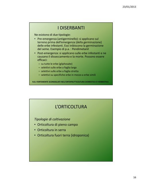 Lezione VI: La concimazione, i fitofarmaci, introduzione all'orticoltura