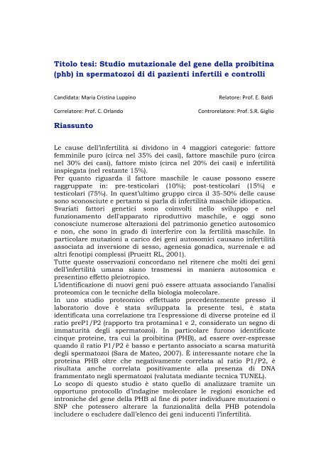 Titolo tesi: Studio mutazionale del gene della proibitina (phb) in ...