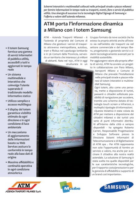 ATM porta l'informazione dinamica a Milano con i totem Samsung