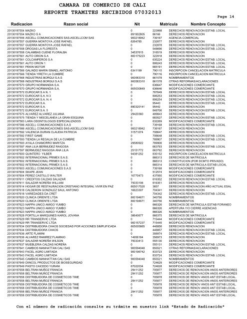 camara de comercio de reporte tramites recibidos 07032013 cali