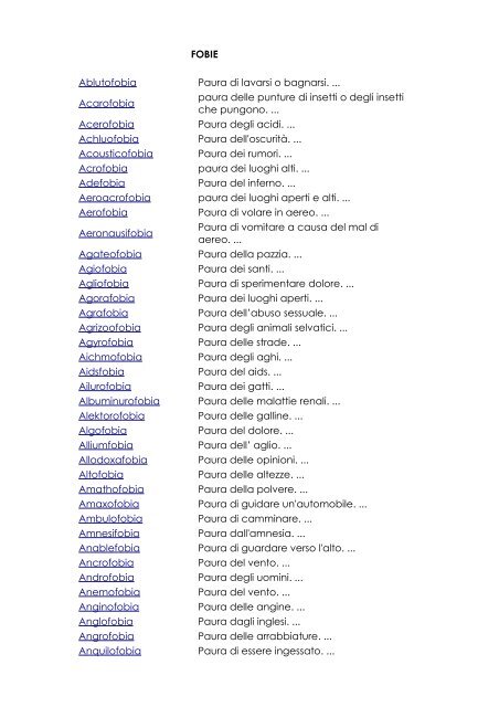 FOBIE Ablutofobia Paura di lavarsi o bagnarsi. ... Acarofobia paura ...