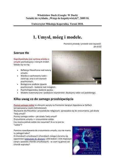 1. Umysł, Mózg I Modele. - Uniwersytet Mikołaja Kopernika