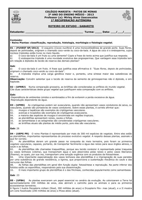 gabarito bio 2ano..pdf - Colégio Marista de Patos de Minas