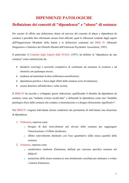 DIPENDENZE PATOLOGICHE - Corso di Laurea in Infermieristica ...