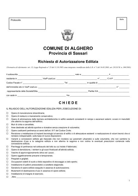 Richiesta di autorizzazione edilizia - Comune di Alghero