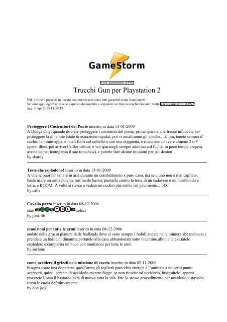 Trucchi Gun per Playstation 2 - GameStorm.it