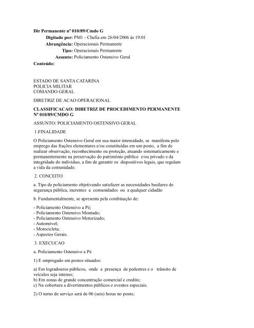 Dir Permanente nº 010/89/Cmdo G Digitado por: PM1 ... - Adjori/SC