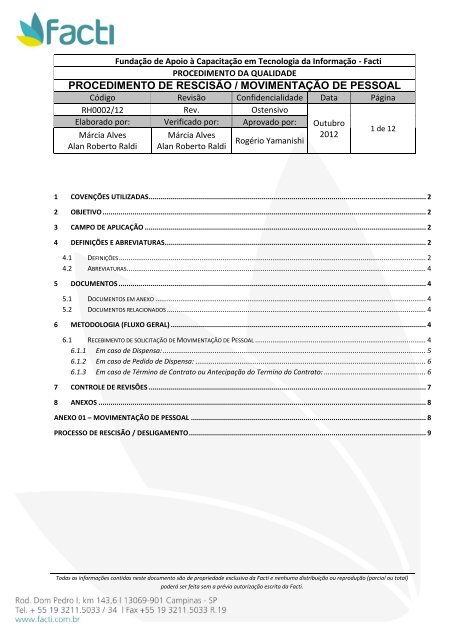 procedimento de rescisão / movimentação de pessoal - Facti